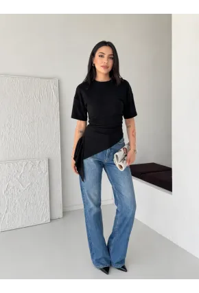 Siyah Asimetrik Drapeli Modern Basic Bluz