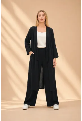 Siyah Bağlamalı Kimono Keten Takım