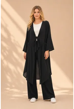 Siyah Bağlamalı Kimono Keten Takım