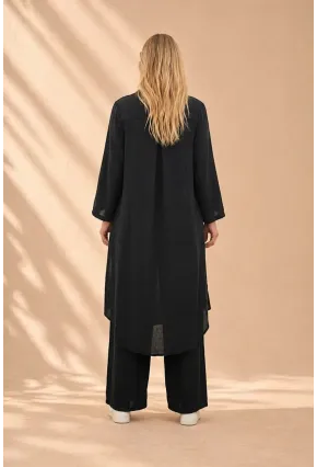 Siyah Bağlamalı Kimono Keten Takım