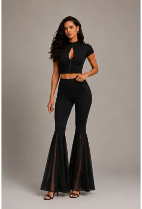Siyah Crop Top & İspanyol Paça Pantolon Kadın 2li Takım