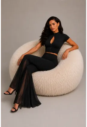 Siyah Crop Top & İspanyol Paça Pantolon Kadın 2li Takım