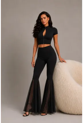 Siyah Crop Top & İspanyol Paça Pantolon Kadın 2li Takım