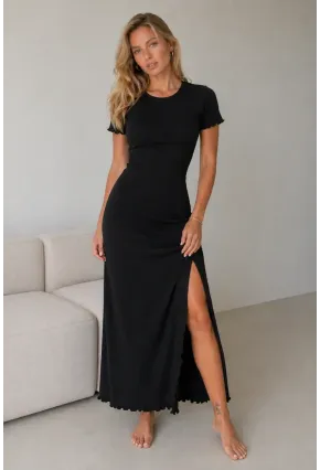 Siyah Kaşkorse Yırtmaç Detaylı Midi Elbise – Esnek Fit & Feminen Şıklık
