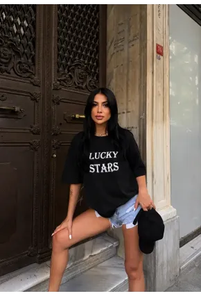 Siyah Lucky Stars Baskılı Oversize Kadın T-Shirt
