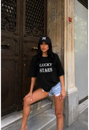 Siyah Lucky Stars Baskılı Oversize Kadın T-Shirt