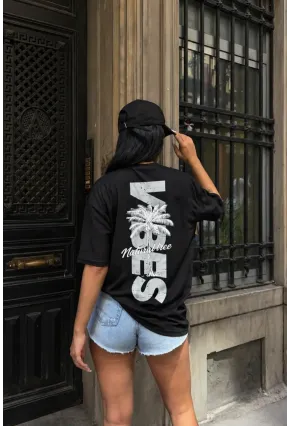 Siyah Palmiye Baskılı Oversize Penye T-Shirt – “Natural Tree” Yazılı Çift Taraflı Tasarım