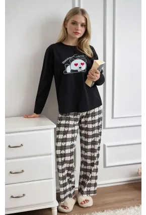 Siyah Panda Baskılı Uzun Kollu Pijama Takımı
