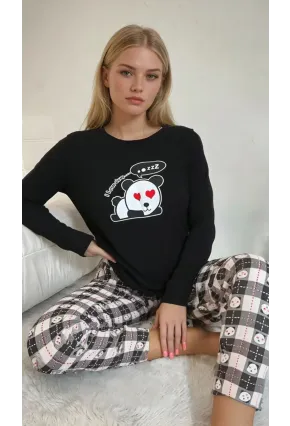 Siyah Panda Baskılı Uzun Kollu Pijama Takımı
