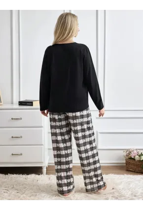 Siyah Panda Baskılı Uzun Kollu Pijama Takımı