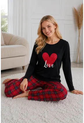 Siyah Üstlü Kırmızı Ekoseli Pijama Takımı