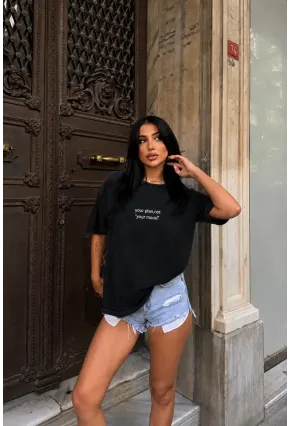 Siyah Your Plan, Not Your Mood Baskılı Oversize Kadın T-Shirt