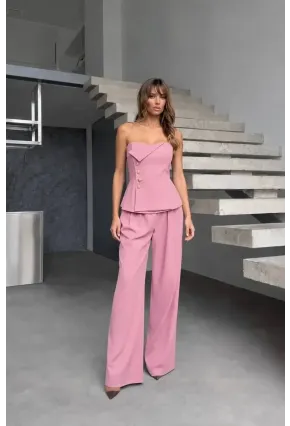 Straplez Bluz ve Pantolon Alt Üst Takım Pembe