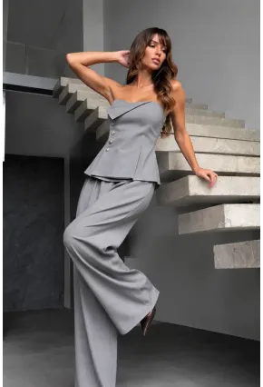 Straplez Bluz ve Pantolon Alt Üst Takım Gri