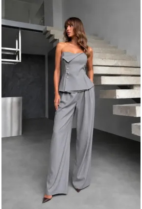 Straplez Bluz ve Pantolon Alt Üst Takım Gri