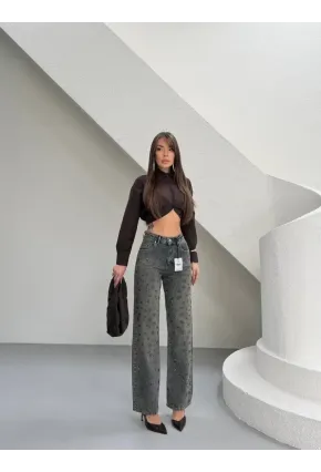 Tik Likra Leopar Taşlı Straightfit Jeans