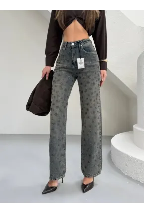 Tik Likra Leopar Taşlı Straightfit Jeans