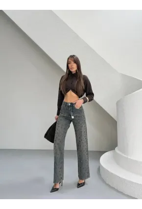 Tik Likra Leopar Taşlı Straightfit Jeans