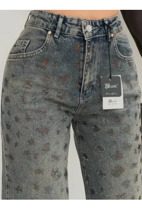 Tik Likra Leopar Taşlı Straightfit Jeans