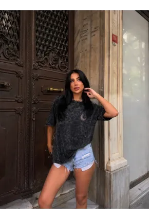 Vintage Yıkamalı Antrasit Ay Desenli Unisex Oversize T-Shirt