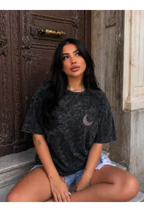 Vintage Yıkamalı Antrasit Ay Desenli Unisex Oversize T-Shirt