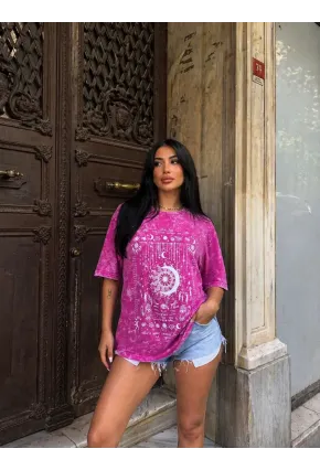 Vintage Yıkamalı Pembe Astroloji & Ay Baskılı Oversize T-Shirt