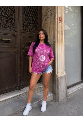 Vintage Yıkamalı Pembe Astroloji & Ay Baskılı Oversize T-Shirt