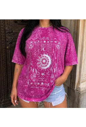 Vintage Yıkamalı Pembe Astroloji & Ay Baskılı Oversize T-Shirt