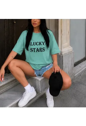 Yeşil Lucky Stars Baskılı Oversize Kadın T-Shirt