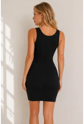 Siyah Kaşkorse Düğme Detaylı Slim Fit Mini Elbise