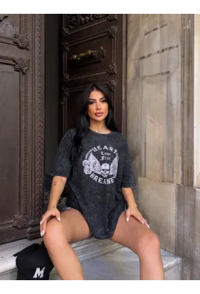 Yıkamalı Heart Baskılı T-Shirt