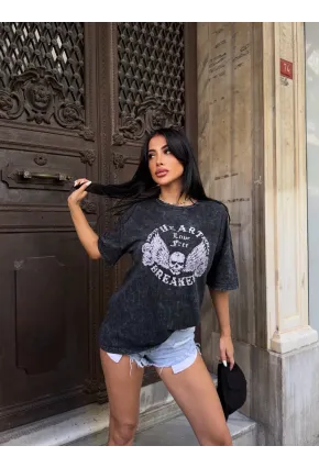 Yıkamalı Heart Baskılı T-Shirt