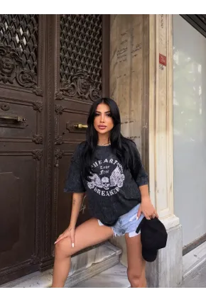 Yıkamalı Heart Baskılı T-Shirt