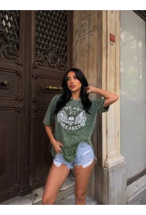 Yıkamalı Heart Baskılı T-Shirt