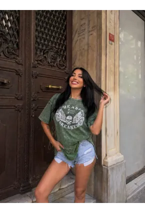 Yıkamalı Heart Baskılı T-Shirt