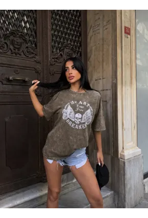 Yıkamalı Heart Baskılı T-Shirt