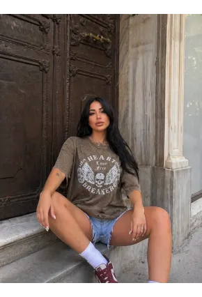 Yıkamalı Heart Baskılı T-Shirt