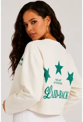 Yıldız Baskılı Crop Sweatshirt - Krem