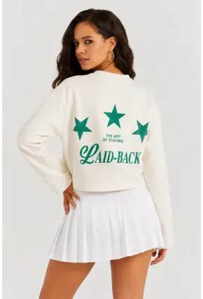 Yıldız Baskılı Crop Sweatshirt - Krem
