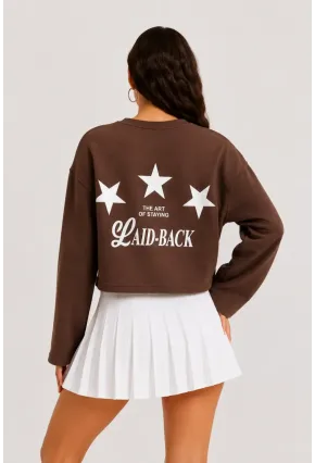Yıldız Baskılı Crop Sweatshirt - Kahverengi