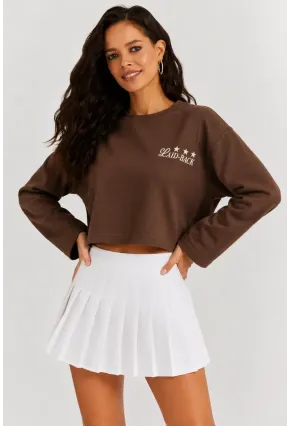 Yıldız Baskılı Crop Sweatshirt - Kahverengi