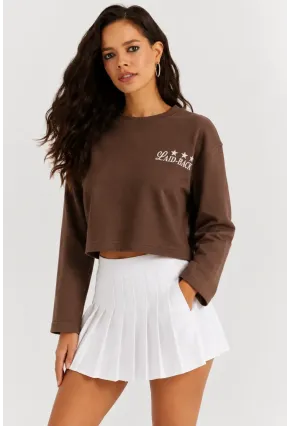 Yıldız Baskılı Crop Sweatshirt - Kahverengi