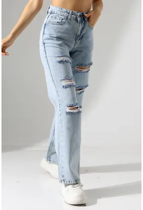 Yüksek Bel Yırtık Detaylı Mom Jean