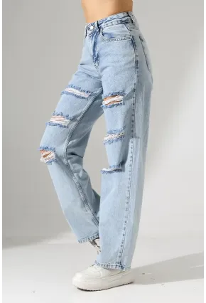Yüksek Bel Yırtık Detaylı Mom Jean