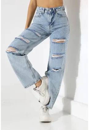 Yüksek Bel Yırtık Detaylı Mom Jean