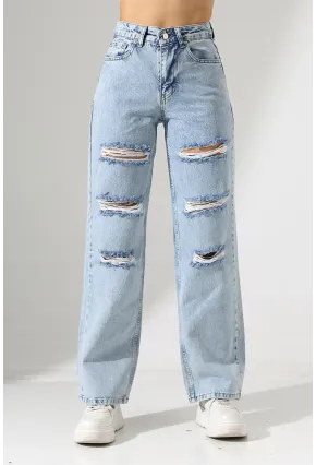 Yüksek Bel Yırtık Detaylı Mom Jean