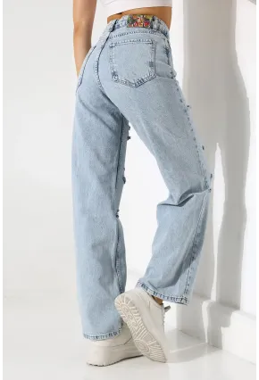 Yüksek Bel Yırtık Detaylı Mom Jean