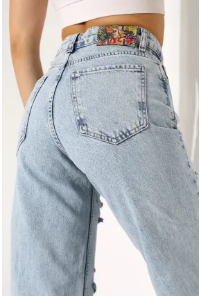 Yüksek Bel Yırtık Detaylı Mom Jean