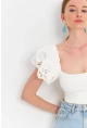 Kadın Beyaz Brode Crop Bluz TPG08