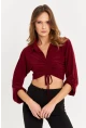 Kadın Bordo Önü Büzgülü Crop Bluz MRS103